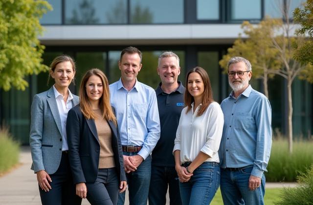 Team von Eiswald Haus vor dem Bürogebäude in Freiburg